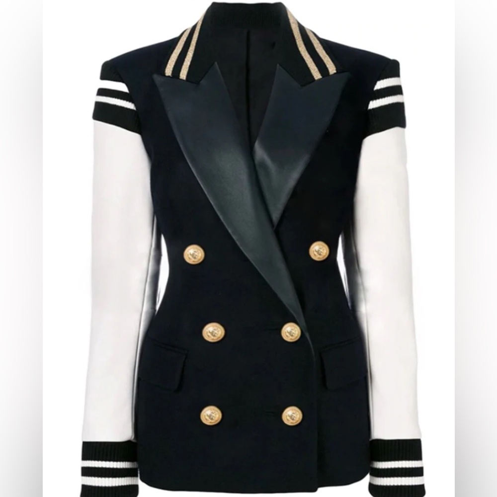 Black & White Varsity Blazer with Faux Leather Sleeves – Size Small